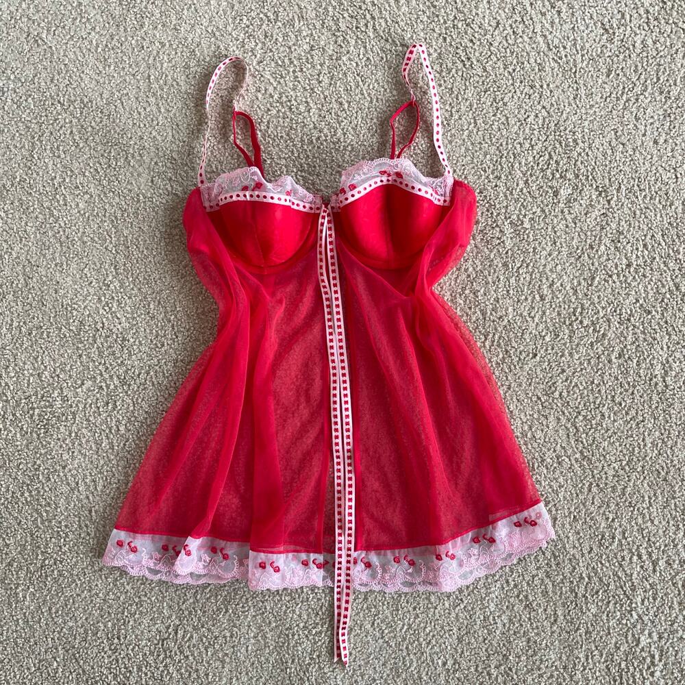 Y2K RARE Victoria’s Secret Red Mesh Babydoll Lingerie w Lace Trim - Size M